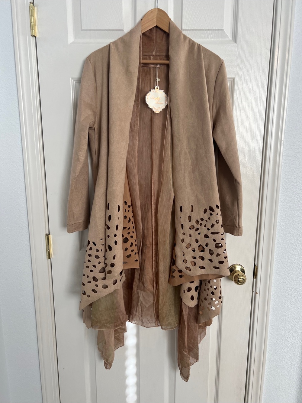 Simply Couture Boho Faux Suede Cutout Duster Jacket XL Taupe Western